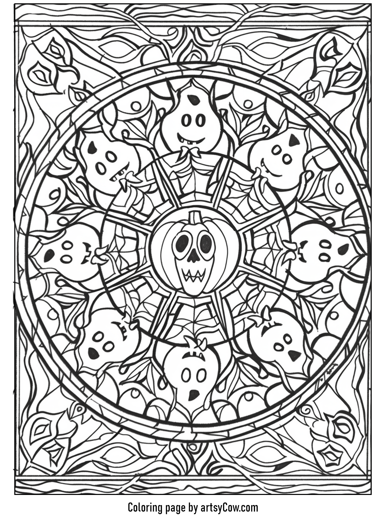 halloween ghost mandala featuring an artistic arrangement of cheerful ghosts and skulls, centered around a large spooky pumpkin in a beautiful mandala design.